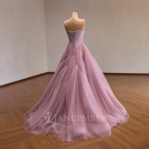 Robe de bal de princesse Jancember Rsm261041 de luxe rose mauve pour Sweet 16, bustier drapé, dos lacé, en tulle plissé - Product Image 4