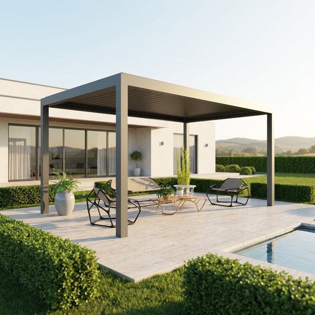 Luxury Motorized Aluminum Louvered Roof Pergola with Waterproof System for Elegant Villa Courtyard Balcony Patio Landscaping