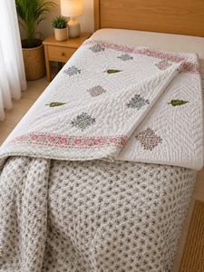 Solid Hand Block Printed Cotton <b>Quilt</b> Reversible Floral Razai Lightweight Indian Kantha Style <b>Bedding</b> Blanket - Product Image 5