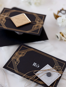 Cartes d'invitation Art Déco Great Gatsby Save the Date Gold Mirror Geometric Plexi Magnet Gold Foil Black - Product Image 4