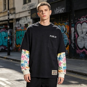 OEM Customized High-end Spray Paint Color Blocked Distressed T-shirts Flat Embroidery Double-Layer Long Sleeved T-shirt for Men - Product Image 3