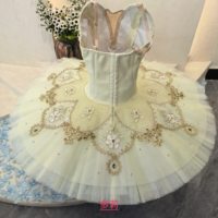 Gaun Tutu Balet Profesional Berhias Emas untuk Anak-anak, Tutu Pancake Tanpa Lengan dengan Renda Berhias Berlian Imitasi untuk Anak Perempuan, Ideal untuk Pertunjukan