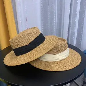 Custom New Alta Qualidade Flat Top Aba Larga Chapéu De Palha Protetor Solar Prevenção Praia Palha Chapéu Caps