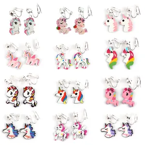 GRACE JUN 12 Pairs/Sets Cute Stud Clip on Earrings Unicorn Rhinestone Earrings for Girl kids Fashion Small Earrings Wholesale