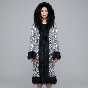 Cappotto Lungo da Donna in Pelliccia Sintetica con Paillettes Lucide Arcobaleno, Stile Punk Y2K, con Cappuccio, per Feste e Spettacoli Invernali, <span class=keywords><strong>Giacca</strong></span> Patchwork Color Block - Product Image 4