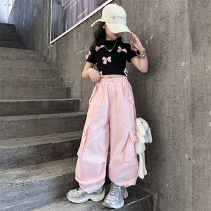 2025 nouveau été enfants <span class=keywords><strong>fille</strong></span> noir blanc nœuds chemise + rose <span class=keywords><strong>Cargo</strong></span> <span class=keywords><strong>pantalon</strong></span> 2 pièces tenue décontractée ensemble - Product Image 4