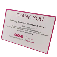 Carte de remerciement OEM en papier mat recyclable, fond rose personnalisé, texte scripté, pour petite boutique, carte d'insertion de remerciement client
