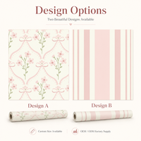 Papel Tapiz Autoadhesivo Impermeable para Niños, Diseño Floral Rosa con Rayas, Revestimiento de Pared de PVC para Guardería, Sala de Estar y Baño, Personalizado de Fábrica