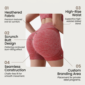 Women Premium <b>Red</b> Heather Seamless Yoga <b>Shorts</b> with <b>Booty</b> Scrunch Detail and High Waist for Professional Fitness Collections - Product Image 4