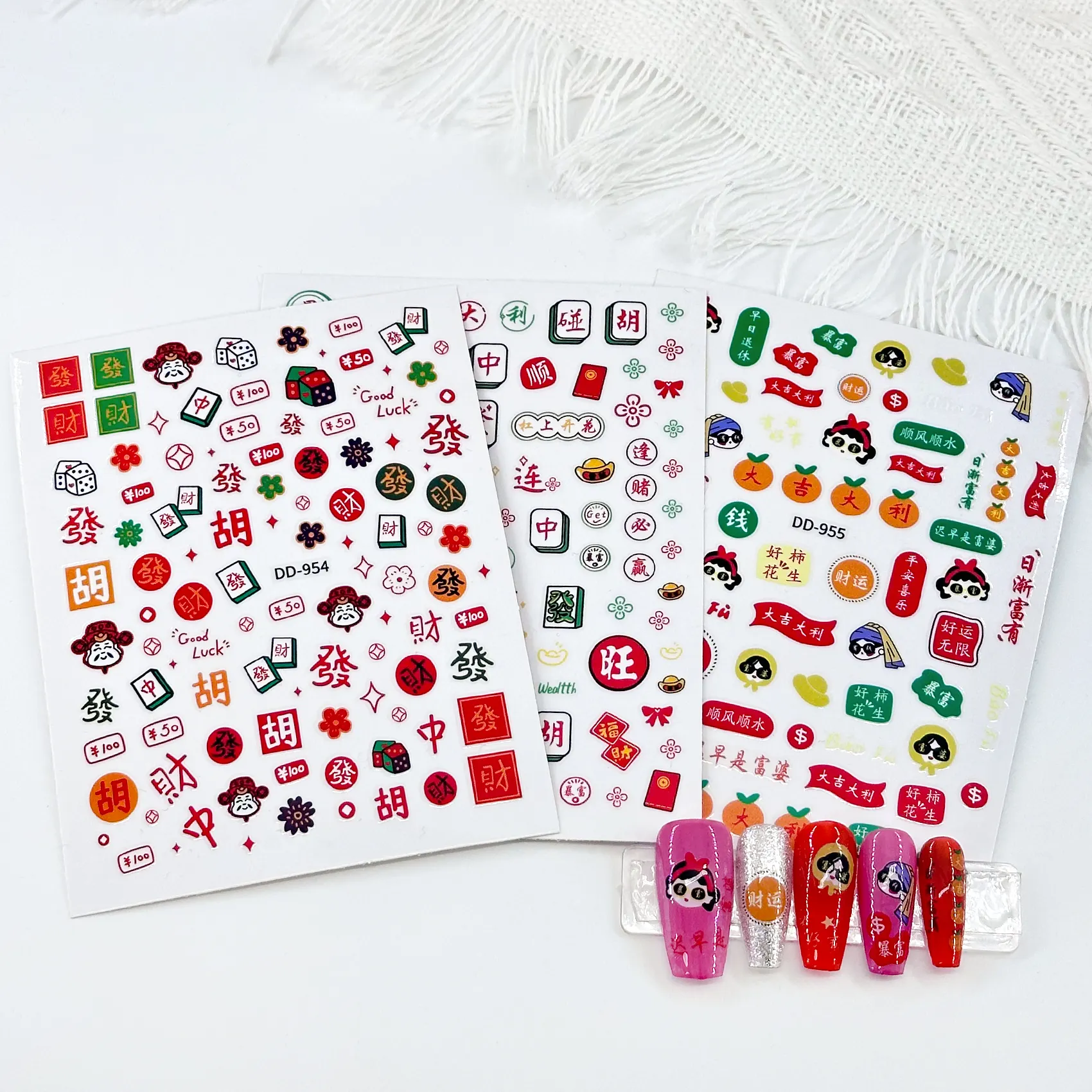 Échantillons gratuits Offre Spéciale Nouvel An Desgin 3D Nail Stickers Mahjong Adhésifs Gel Vernis À Ongles autocollant