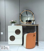 Ensemble de coiffeuse moderne couleur noyer avec miroir LED rond, armoire de rangement à six tiroirs, meuble de maquillage pour chambre à coucher