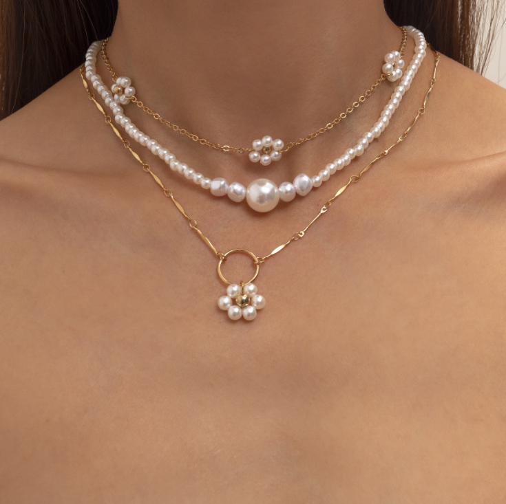 Dvacaman Boho Statement Necklace 2 Colors Choker Flower Charms Gold Plated Link Chain Handmade Pearl Necklace Set Jewelry Women