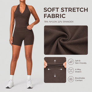 Women Gym Workout Set Halter <b>Padded</b> Sports Tank Top High Waist Ruched Butt Biker Shorts Yoga Activewear - Product Image 2