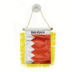 Bandera de satén personalizada de Baréin, mini bandera para coche impresa digitalmente con borlas amarillas, hecha de poliéster y plástico para uso automotriz - Product Image 1