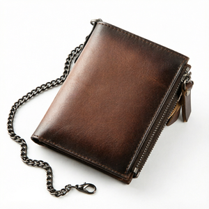 Cartera de Cuero Genuino para Hombre, Estilo Vintage, Monedero de Cuero Crazy Horse, Cartera Triple de Piel de Vacuno de Primera Calidad con Cadena - Product Image 1