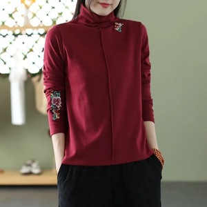 Traditional Chinese Embroidered Wool Slim Fit Semi High Collar Base Shirt Women's Long Sleeve Autumn Winter Inner Layer - Product Image 2