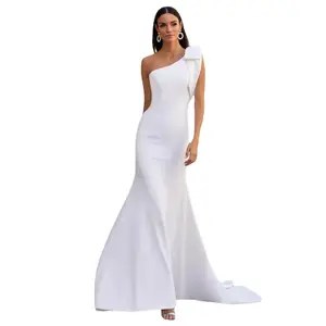 2023 Hot sale french stain luxury wedding dresses customize one shoulder front split sexy mermaid evening dresses