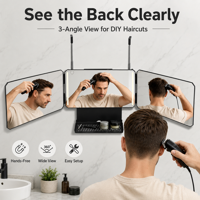 Wholesale Adjustable LED 3-Way Barber Mirror with Storage Case 360 Self Hair Cut Mirror Telescopic Hanging Vanity Mirror