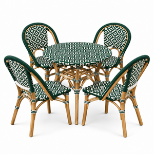 Tropical Rattan Outdoor Dining Set <b>4</b> Seater Green White Patterned Garden Furniture for Patio Courtyard - Product Image 1