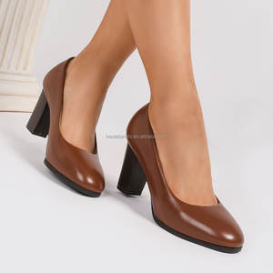 Zapatos de tacón alto marrón de cuero genuino para mujer, cómodos zapatos de tacón grueso con punta cerrada para oficina, zapatos de moda para verano y otoño - Product Image 4