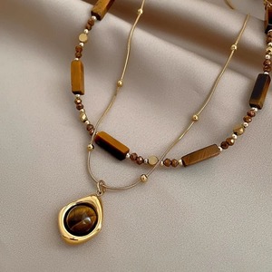 Elegante collar de doble capa con colgante de ojo de tigre con cuentas estilo Maillard para otoño/invierno, cadena para suéter estilo vintage - Product Image 3