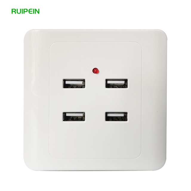 USB Socket 220V Wall Mounted Universal 4-Outlet Plug Standard Wall Charger 2A Rated Non-Grounded with 4 USB a Ports