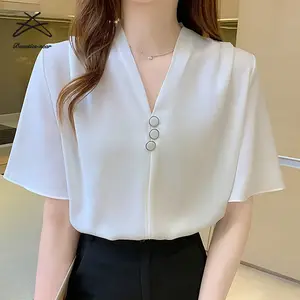 2022 Korean women style gentle V-neck half flare sleeve ladies casual blouse shirt female chiffon blouses top shirts