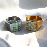 Bague carrée en émail en acier inoxydable, or, argent, échecs, grille, bagues pour femmes, bijoux