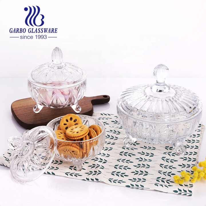 China Wholesale high white engraved crystal clear with lid sugar pot sugar bowl glassware candy sweet food storage glass jars