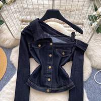 Chemisier en jean asymétrique vintage à une épaule et manches longues pour femme, collection automne 2026, coupe ajustée, design unique
