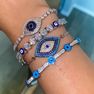 Women's Gold Plated Icy Bling Tennis Anklet Bracelet Set CZ Diamond Evil Eye Bracelet Hip Hop Iced Out Evil Eye Tennis Bracelet