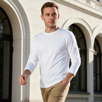 Expédition rapide T-shirt à manches longues pour homme en polyester tricoté uni, col rond, poids lourd, stock disponible, expédition rapide, vêtements de tous les jours pour l'extérieur