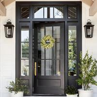 Puerta de Vidrio de Estilo Moderno en Aluminio Negro con Travesaño y Paneles Laterales, Resistente al Viento, Tamaño Personalizado para Oficina, Hotel, Hospital, Centro Comercial y Entrada