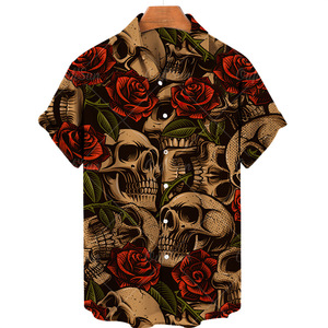 Vendita calda camicia Casual hawaiana da uomo con stampa teschi digitale 3D a quattro lati a maglia a maniche corte in sgualda-per l'estate - Product Image 1