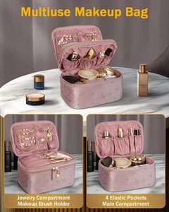 Beauty Case a Doppio Strato con Portagioie e Portapennelli / Borsa Organizer per <span class=keywords><strong>Trucchi</strong></span> in Velluto Ricamato con Cerniera - Product Image 2