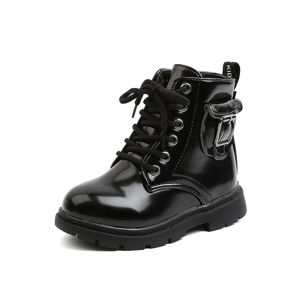 Children's Martin boots girls black PU leather boots 2022 autumn new boys British style short boots baby buckle single shoes