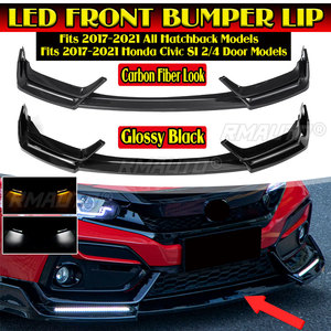 LED Front Bumper Spoiler Lip <b>Splitter</b> With Light Gloss Black/Carbon Fibre for Honda Civic Si Hatchback 2016-2021 - Product Image 1