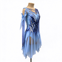 Robe de patinage et de danse bleu clair pour enfants et adultes, à épaules dénudées, manches longues en maille, dos orné de strass en forme de branche, pour compétition et spectacle de patinage sur glace