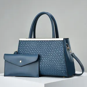 2024 Wholesale Custom Lady Handbag Set 2 Pieces Vintage Elegant Embossed Woven Leather Tote Bag Female Women Hand Bags