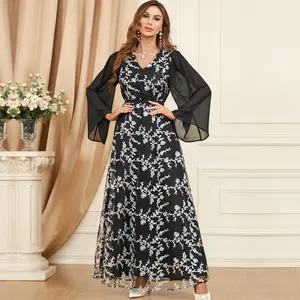 Vestido largo musulmán negro para mujer, vestido modesto de flores bordadas de gasa de verano iraquí 2024, superventas de la marca islámica de la marca del año