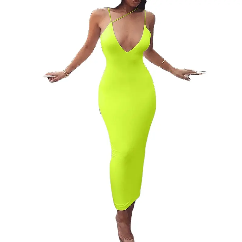 Neon Yellow Orange Sexy Summer Maxi Dress Spaghetti Strap Deep V Backless Tight Bodycon Dresses for Woman 2019