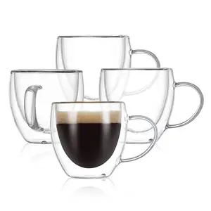 ENTESI Großhandel durchsichtige Kaffeebecher isolierte Kaffeebecher doppelwandiges Glas Kaffeebecher-Set mit Griff für Cappuccino Latte