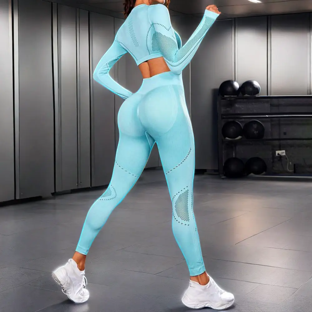 High Stretch Emagrecimento Yoga Suit Mangas Compridas Oco Em Torno Do Pescoço Tee & Butt Levantamento Leggings Sporty ginásio fitness sets