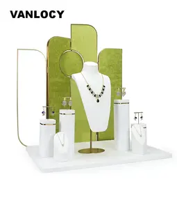 VANLOCY set tampilan perhiasan 2024, set perhiasan baru untuk toko alat peraga perhiasan mewah hijau serat mikro berdiri