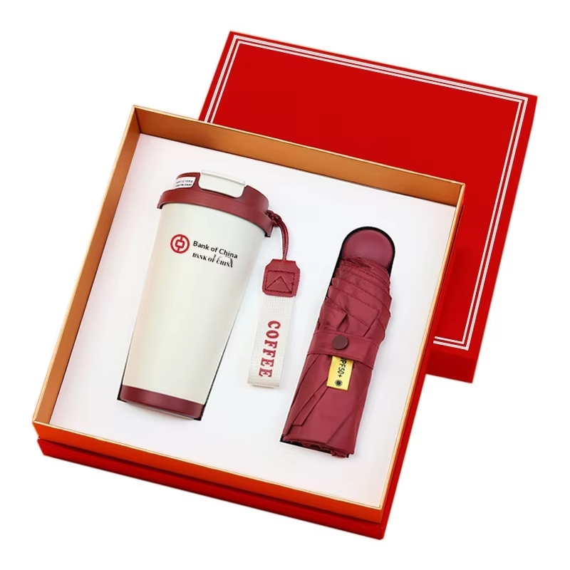 แก้วกาแฟ + ร่ม 8 ก้าน + กล่องของขวัญสีแดง &amp; ถุงของขวัญ