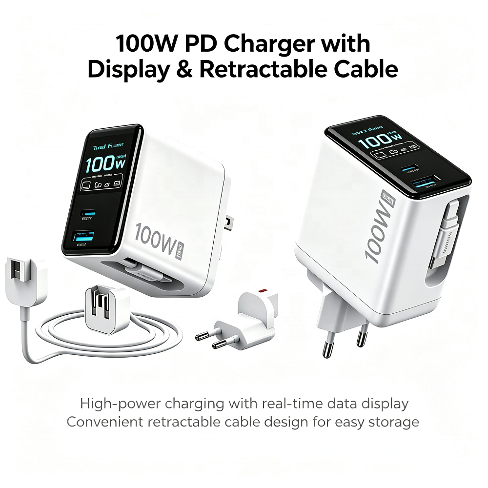 100W GaN Fast Charger with Retractable Cable &amp; Digital Screen