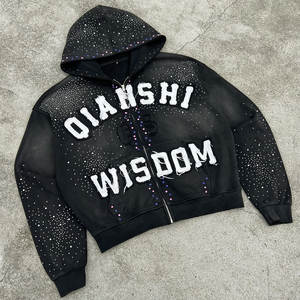 High Quality French Terry Men's Hoodies 100% Cotton Acid Wash Zip up Hoodie Custom Logo Embroidered Patchwork Rhinestone Hoodie - Product Image 1
