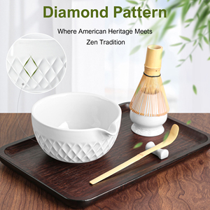 Ensemble Matcha Traditionnel Japonais 7 Pièces, Bol en Céramique Blanc Classique, Fouet en Bambou, Poterie en Porcelaine avec Motif en Rhombus pour Ensemble Matcha - Product Image 4