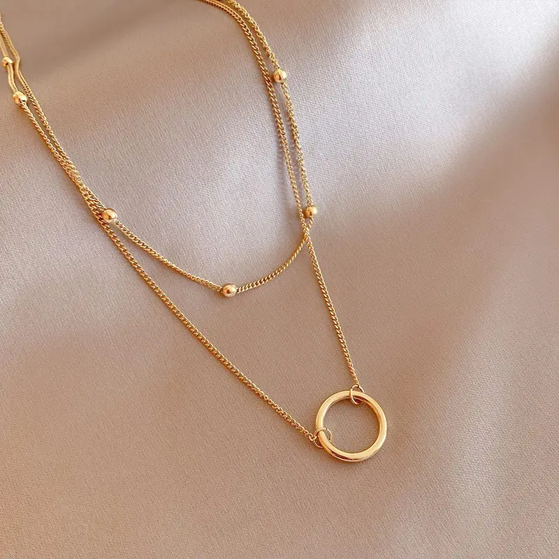 Simple Design Blank Circle 14K Gold Pendant Necklace for Women Girls Stainless Steel Layered Necklaces Jewelry Wholesale