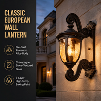 Lanterne murale européenne en aluminium moulé sous pression, verre martelé champagne, peinture haute température 3 couches, pour extérieur, villa, cour, balcon
